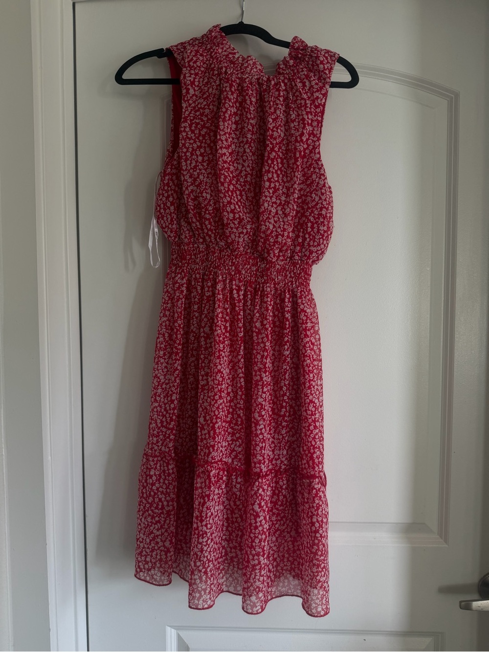 Sleeveless Red Floral Tiered Midi Dress